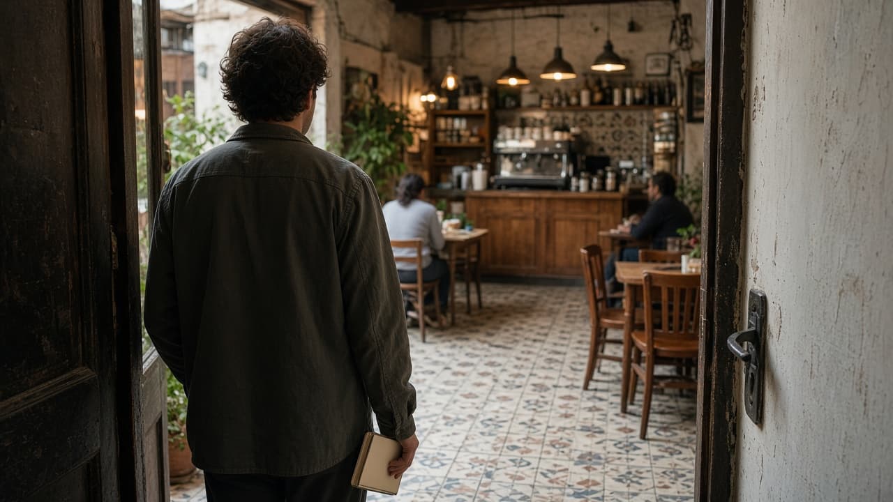 Visitante observando el interior de un café en operación