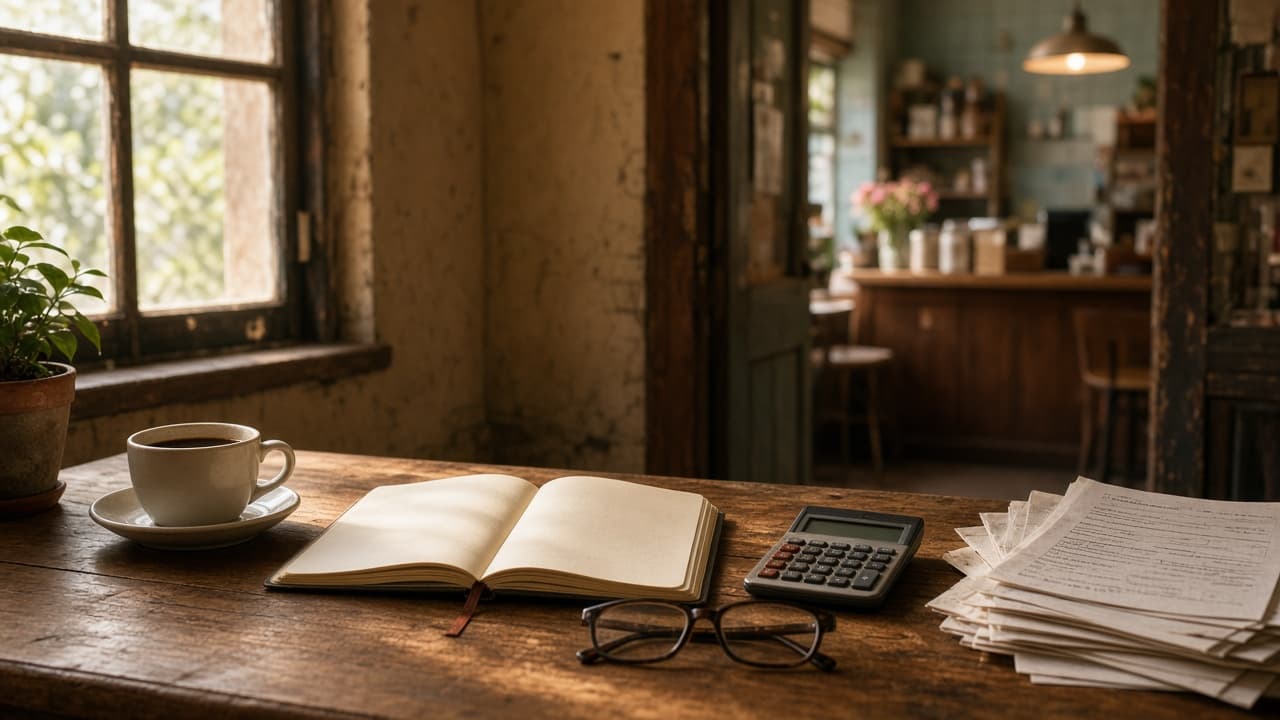 Mesa de trabajo con calculadora, libretas y café para valuar un negocio