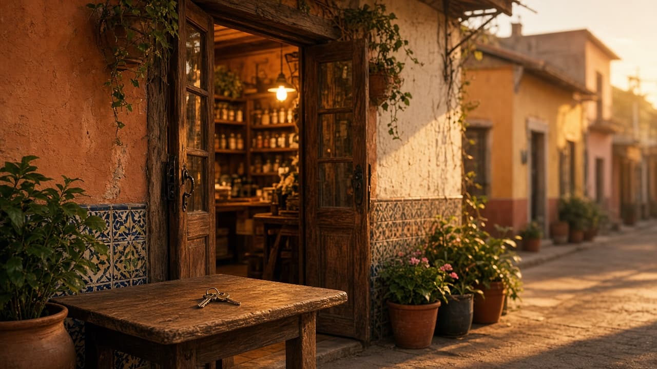 Fachada de un local en un barrio de México, con la puerta abierta y llaves sobre el mostrador