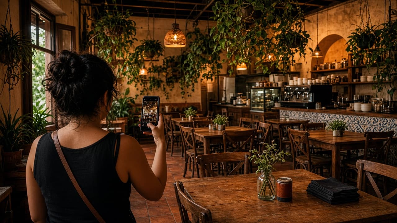Interior de un restaurante en México mientras se fotografían las mesas para un anuncio