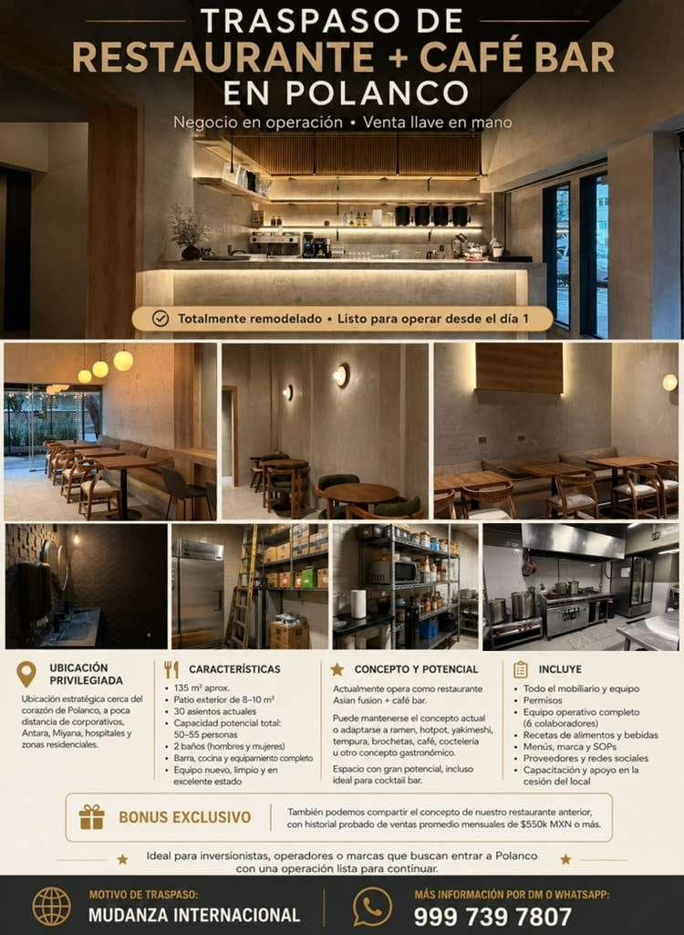 Traspaso de Restaurante + Café Bar en Polanco